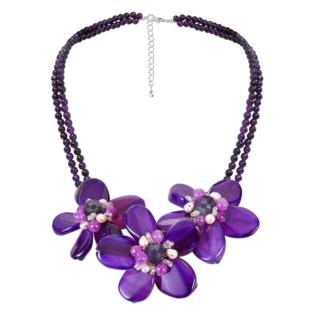 Artisan AERAVIDA Purple Agate Floral Statement Necklace 925 Silver Bold Handmade